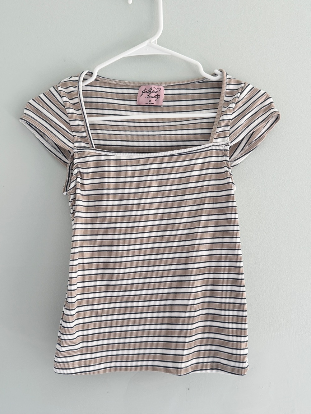 Girlhood Society Striped Ribbed Square Neck Short Sleeve Top M